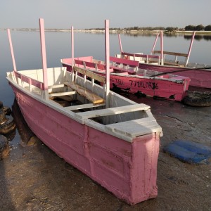 red lake in Senegal/Gambia with pink boats